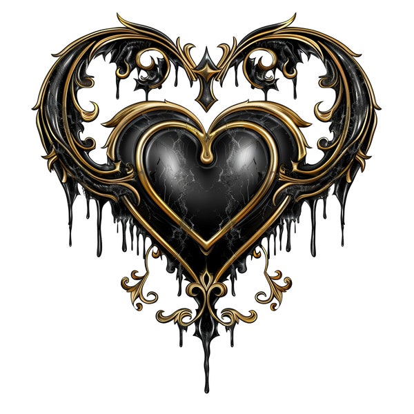 Golden Gothic Heart Clipart, 16 Digital Images in PNG format for Valentine illustrations with transparent background, commercial use