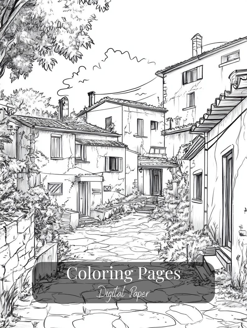 Printable Italian village coloring pages – set of 17 detailed line art illustrations featuring rustic streets, architecture, and countryside scenes. Digital download for adult coloring, perfect for relaxation and mindful creativity.