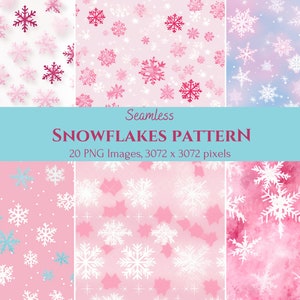 Papier numérique de flocons de neige roses, ensemble d’images PNG Seamless Pattern 20, téléchargement instantané, prêt à l’emploi, image de haute qualité, prêt à imprimer