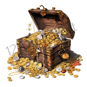 May include: A wooden treasure chest overflowing with gold coins, spilling out onto a white background. The chest is decorated with brass accents and has a hinged lid.