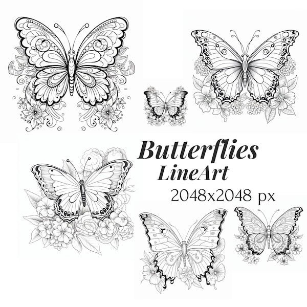 Butterfly Line Art Clipart - butterflies clip art and collage sheets for altered art or junk journals instant download, drawing images