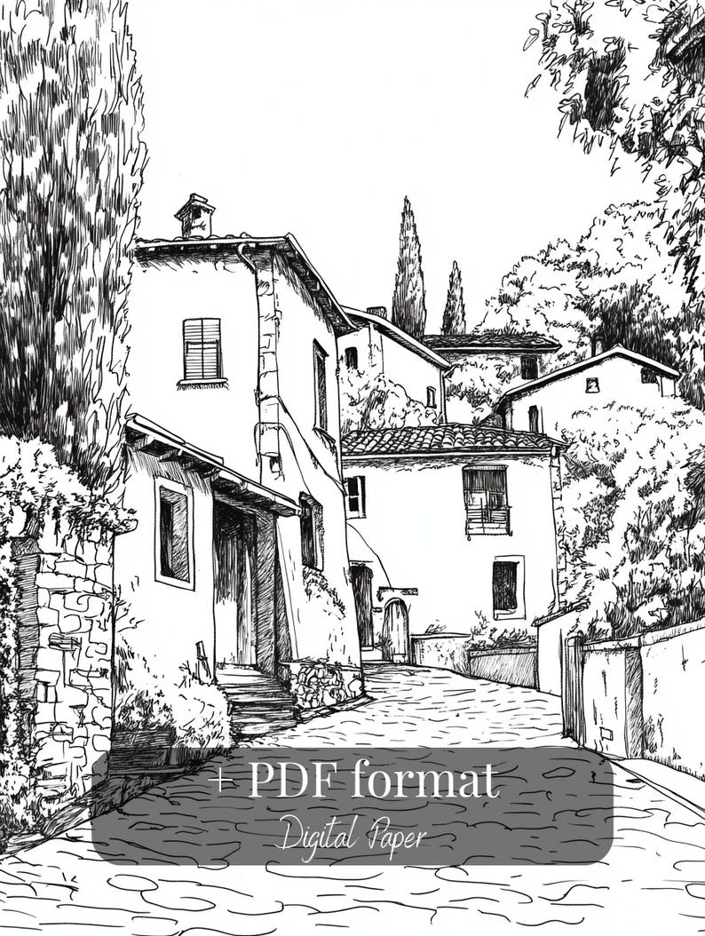 Printable Italian village coloring pages – set of 17 detailed line art illustrations featuring rustic streets, architecture, and countryside scenes. Digital download for adult coloring, perfect for relaxation and mindful creativity.