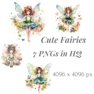 Watercolor Fairies, Cute Fairy 7 PNG Downloadable Images Set in High Quality, Ready to Print, Card Making, Digital Paper Craft