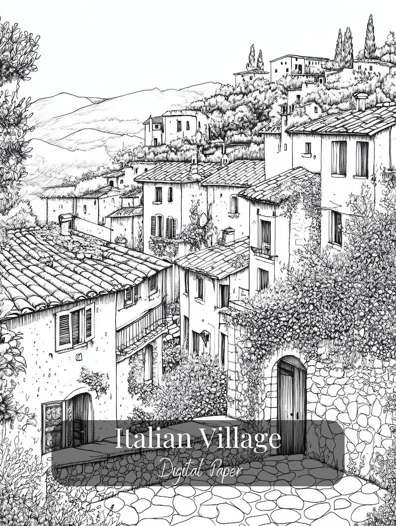 Printable Italian village coloring pages – set of 17 detailed line art illustrations featuring rustic streets, architecture, and countryside scenes. Digital download for adult coloring, perfect for relaxation and mindful creativity.