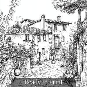 Printable Italian village coloring pages – set of 17 detailed line art illustrations featuring rustic streets, architecture, and countryside scenes. Digital download for adult coloring, perfect for relaxation and mindful creativity.