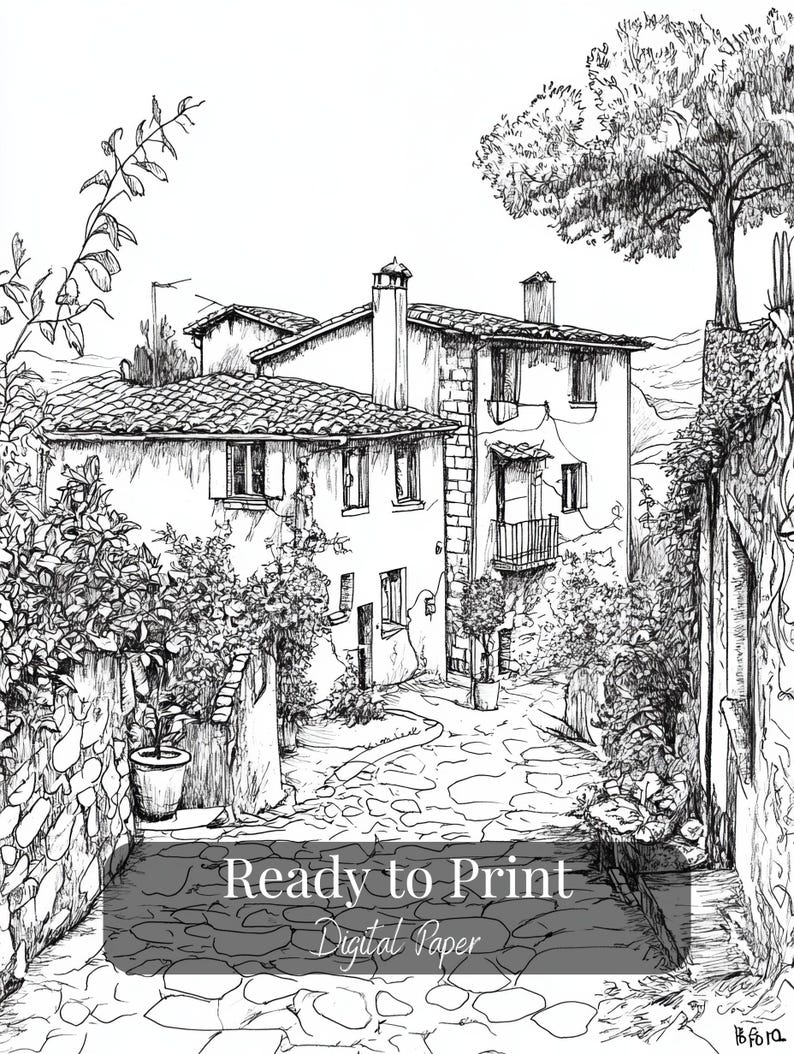 Printable Italian village coloring pages – set of 17 detailed line art illustrations featuring rustic streets, architecture, and countryside scenes. Digital download for adult coloring, perfect for relaxation and mindful creativity.