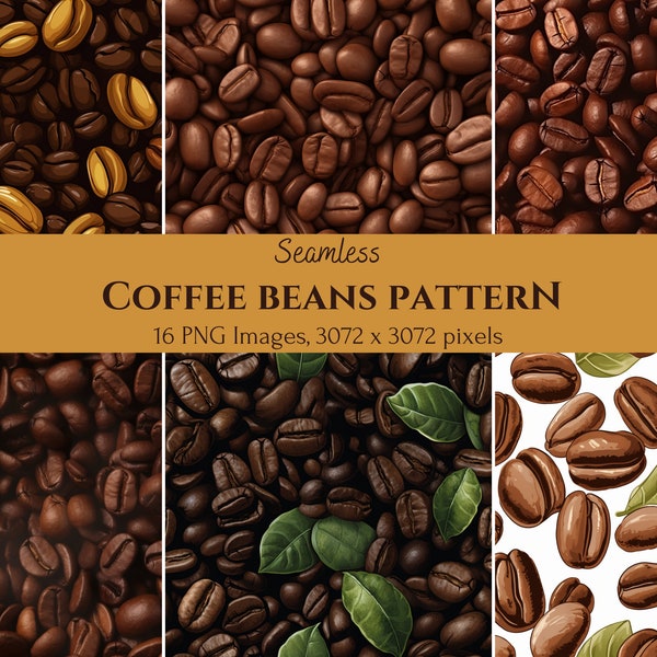 Coffee Beans Digital Paper, Seamless Pattern 16 PNG Images, Instant download, ready to use, high quality image