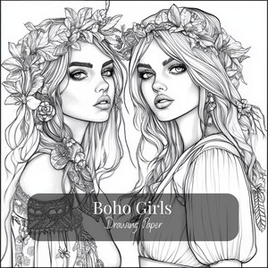 Pagina da disegno con ragazze boho, JPEG in alta risoluzione 4k, pronta per il download e la stampa, set di 12 immagini digitali