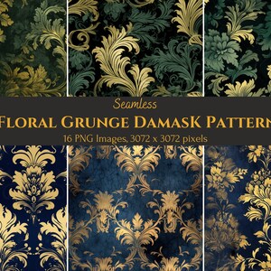 May include: A set of 16 seamless floral grunge damask patterns in gold and blue, green and gold, and black and gold. The patterns are 3072 x 3072 pixels.