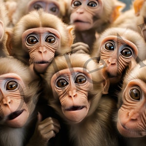Puede incluir: Un grupo de monos marrones con grandes ojos curiosos mirando directamente a la cámara. Los monos están juntos, creando una sensación de caos juguetón.