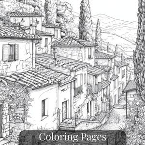 Printable Italian village coloring pages – set of 17 detailed line art illustrations featuring rustic streets, architecture, and countryside scenes. Digital download for adult coloring, perfect for relaxation and mindful creativity.