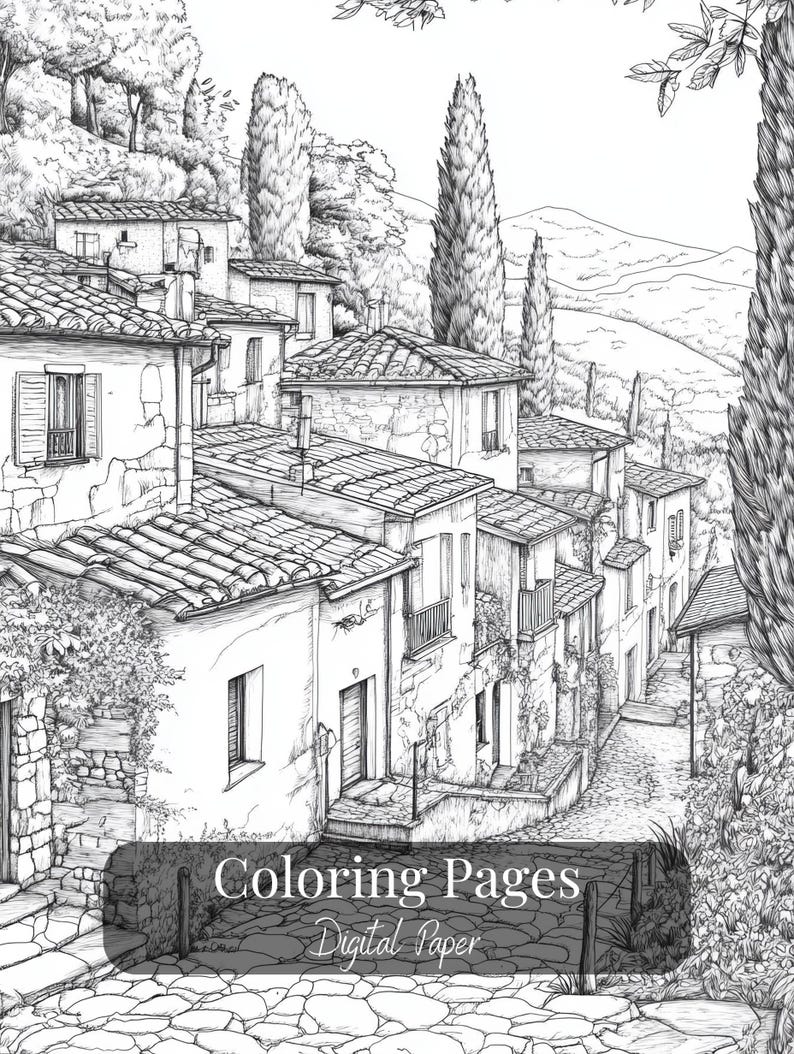 Printable Italian village coloring pages – set of 17 detailed line art illustrations featuring rustic streets, architecture, and countryside scenes. Digital download for adult coloring, perfect for relaxation and mindful creativity.
