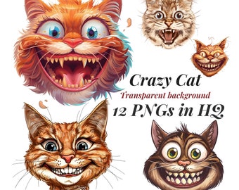 Gato louco clipart, 12 imagens PNG com fundo transparente, gatos engraçados prontos para imprimir