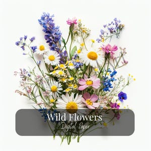 May include: A colourful bouquet of wildflowers on a white backdrop. The arrangement features daisies, bluebells, pink blossoms, and other vibrant blooms. Text on a grey banner reads "Wild Flowers Digital Paper."