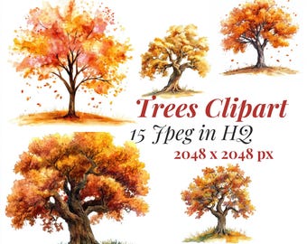 May include: A set of five watercolor illustrations of autumn trees with yellow, orange, and red leaves. The trees are isolated on a white background. The text "Trees Clipart 15 Jpeg in HQ 2048 x 2048 px" is at the bottom of the image.