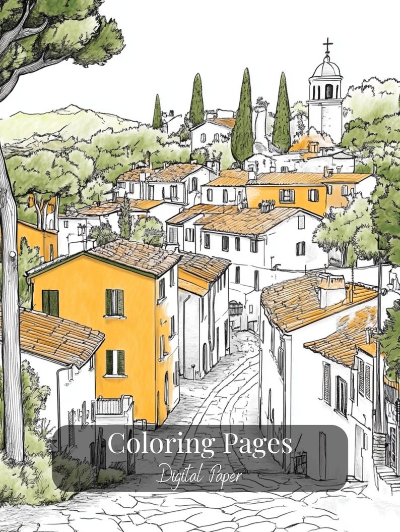 Printable Italian village coloring pages – set of 17 detailed line art illustrations featuring rustic streets, architecture, and countryside scenes. Digital download for adult coloring, perfect for relaxation and mindful creativity.