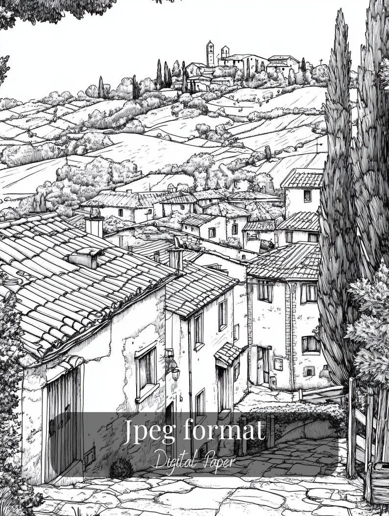 Printable Italian village coloring pages – set of 17 detailed line art illustrations featuring rustic streets, architecture, and countryside scenes. Digital download for adult coloring, perfect for relaxation and mindful creativity.