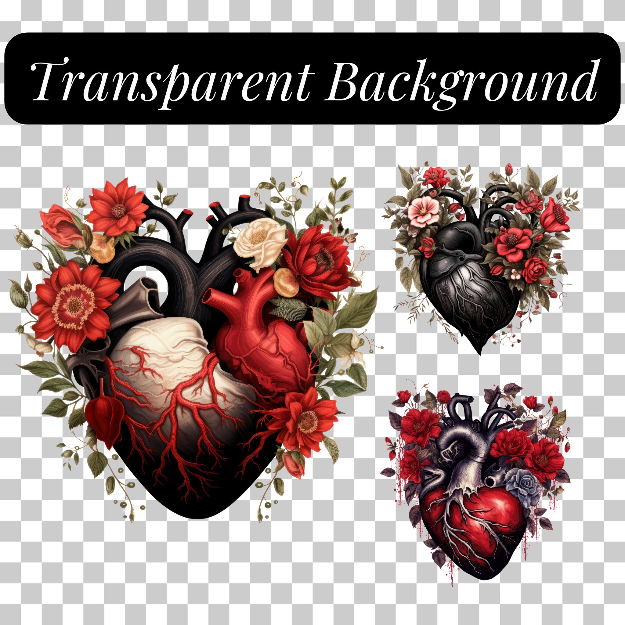 Gothic Floral Heart Clipart, 20 Digital Images in PNG Format for
