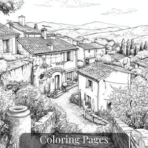 Printable Italian village coloring pages – set of 17 detailed line art illustrations featuring rustic streets, architecture, and countryside scenes. Digital download for adult coloring, perfect for relaxation and mindful creativity.
