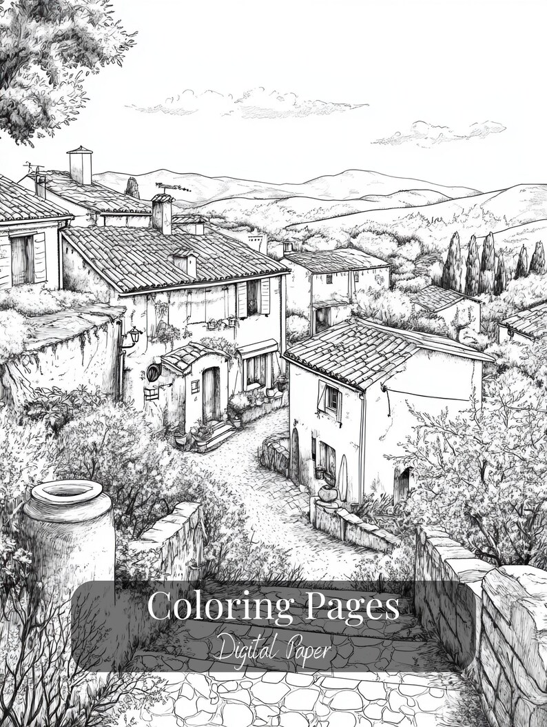 Printable Italian village coloring pages – set of 17 detailed line art illustrations featuring rustic streets, architecture, and countryside scenes. Digital download for adult coloring, perfect for relaxation and mindful creativity.