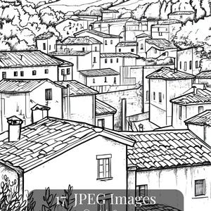 Printable Italian village coloring pages – set of 17 detailed line art illustrations featuring rustic streets, architecture, and countryside scenes. Digital download for adult coloring, perfect for relaxation and mindful creativity.