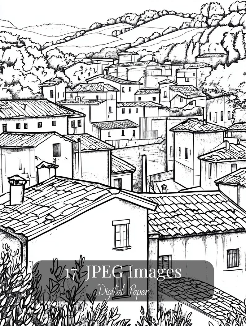 Printable Italian village coloring pages – set of 17 detailed line art illustrations featuring rustic streets, architecture, and countryside scenes. Digital download for adult coloring, perfect for relaxation and mindful creativity.