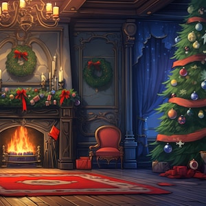 May include: A cosy living room decorated for Christmas with a lit fireplace, a decorated Christmas tree, and a red armchair.