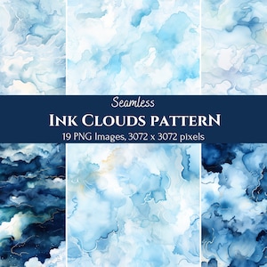 May include: A set of 19 seamless digital paper patterns featuring blue and white watercolor ink clouds. The patterns are 3072 x 3072 pixels and are perfect for creating backgrounds, scrapbooking, and other creative projects.