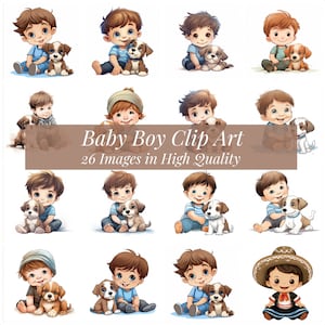 Baby Boy Clip Art, Conjunto de 26 imágenes digitales en alta calidad, Niño y cachorro en PNG, Descargar e imprimir, Conjunto de arte de pared, Arte de pared para niños de guardería