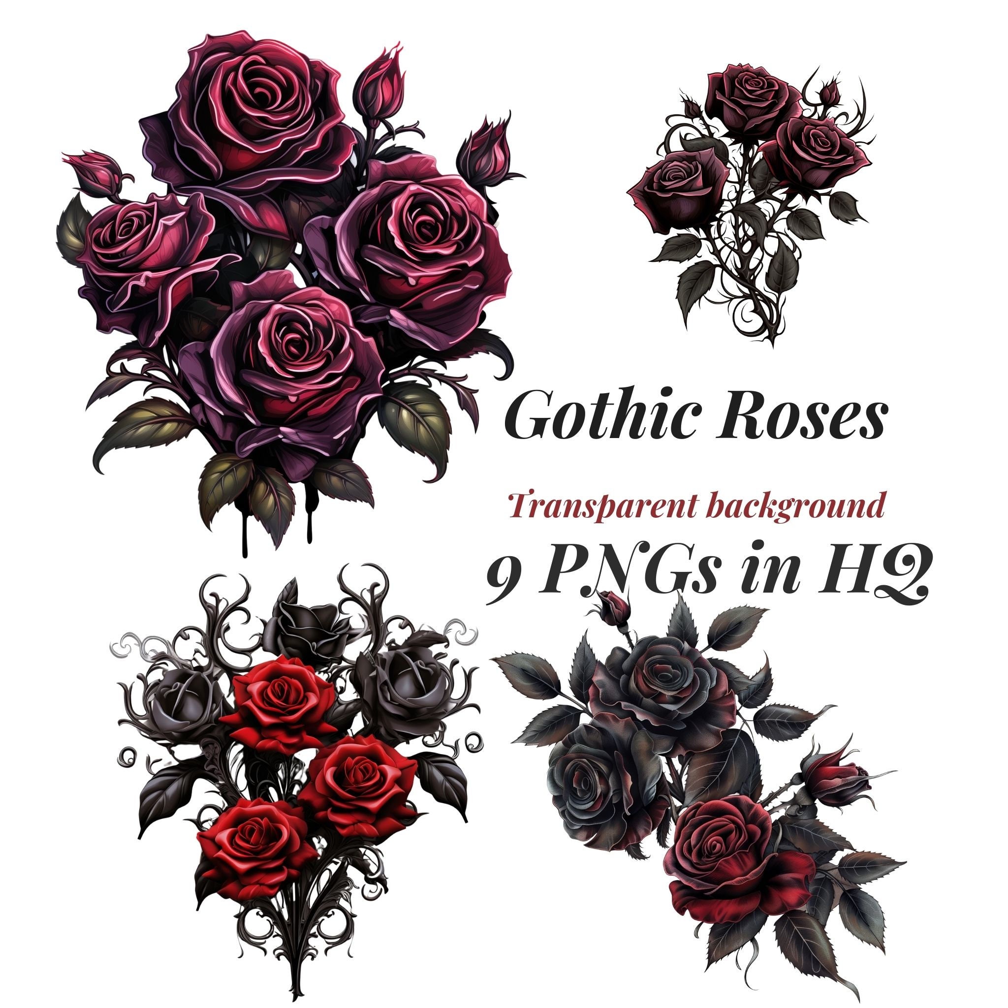 Gothic Rose Clipart, 9 Digital Images in PNG Format for Valentine
