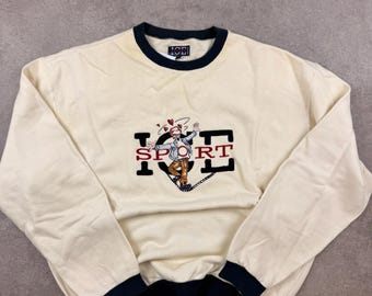 Vintage ICE Sport Crewneck Sweatshirt 90s Embroidered Graphic Pullover Cream XL
