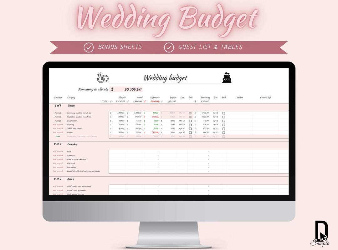 Wedding Budget Spreadsheet Digital Planning Budget Spreadsheet Wedding