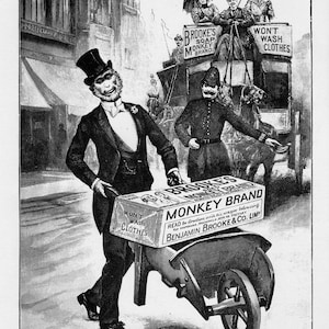 1889 Antyczna reklama wiktoriańska - Mydło Monkey Brand - Czarno-białe - POBIERANIE CYFROWE 300 Dpi - Ephemera wiktoriańska