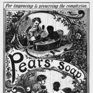 May include: Black and white illustration of a vintage Pears' Soap advertisement featuring children bathing. The text reads "For improving & preserving the complexion. Pears' Soap. Sold everywhere. unscented tablets 6d each. larger tablets scented 1/- each. Recommended for the complexion. by Madame Adelina Patti & Mrs Langtry."