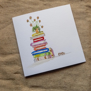 本と花のオリジナル手描き水彩画、5.75 x 5.75 インチのカード 1 枚、誕生日カード、ハッピーな空白のグリーティング カード、封筒付き。