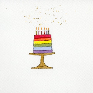 Tarjeta de cumpleaños original LGBTQ+ con pastel y velas, acuarela pintada a mano, feliz, tarjeta de felicitación en blanco de 4" x 3" con sobre blanco.