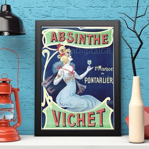 May include: Vintage poster advertising Absinthe Vichot, a brand of absinthe from Pontarlier, France. The poster features a woman in a blue dress holding a glass of absinthe.