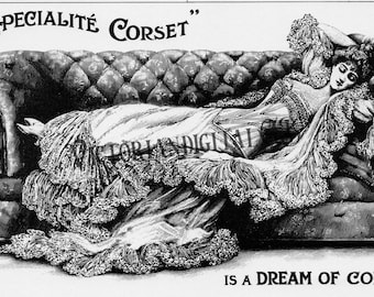 1889 年のアンティーク ビクトリア朝の広告、快適な着心地のための特別なコルセット、白黒、ビクトリア朝のエフェメラ、300 Dpi のデジタル ダウンロード