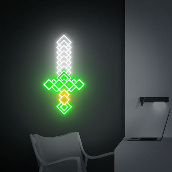 Green Glowing Sword In A Minecraft World Background, Pictures Of A