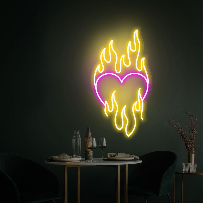Heart Neon Sign Love Heart Fire Led Light Heart Flame Neon Etsy