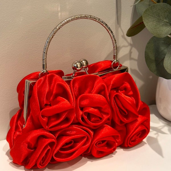 Red Satin Flower Bag - Evening Bag - Evening Clutch - Satin Bridal Purse - Red purse - Red flower purse - Red crossbody bag - Red clutch