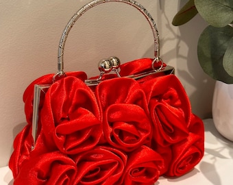 Red Satin Flower Bag - Evening Bag - Evening Clutch - Satin Bridal Purse - Red purse - Red flower purse - Red crossbody bag - Red clutch