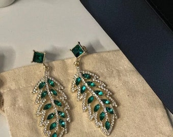 Green Leaf Earrings - Evening Jewelry Green Earrings - 18k gold plated earrings - Crystal earrings - Drop Dangle Earrings - Green Earrings