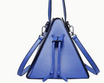 blue vegan leather bag, blue triangle bag, blue statement bag, blue bag for work