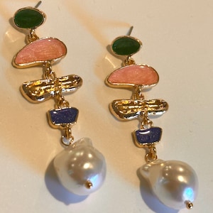 long drop earrings, pink earrings, pearl earrings, evening earrings, evening jewelry