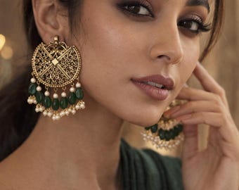 Gold Green Stone Earrings