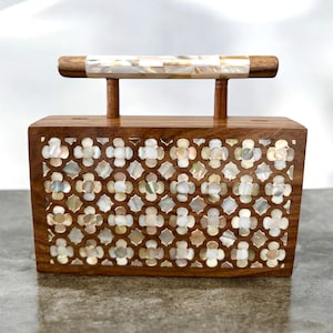 Handcrafted mother of pearl inlay wooden purse, evening clutch for gifts