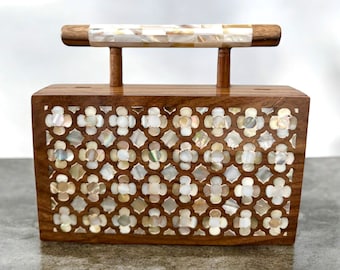 Handcrafted mother of pearl inlay wooden purse, evening clutch for gifts