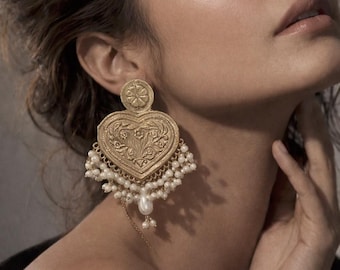 Gold plated Heart shaped pearl gold earrings