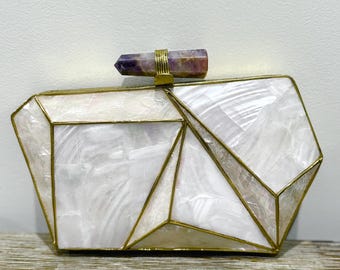 Handmade 3D mother of pearl clutch with precious stones, evening purse bridal bag gift
